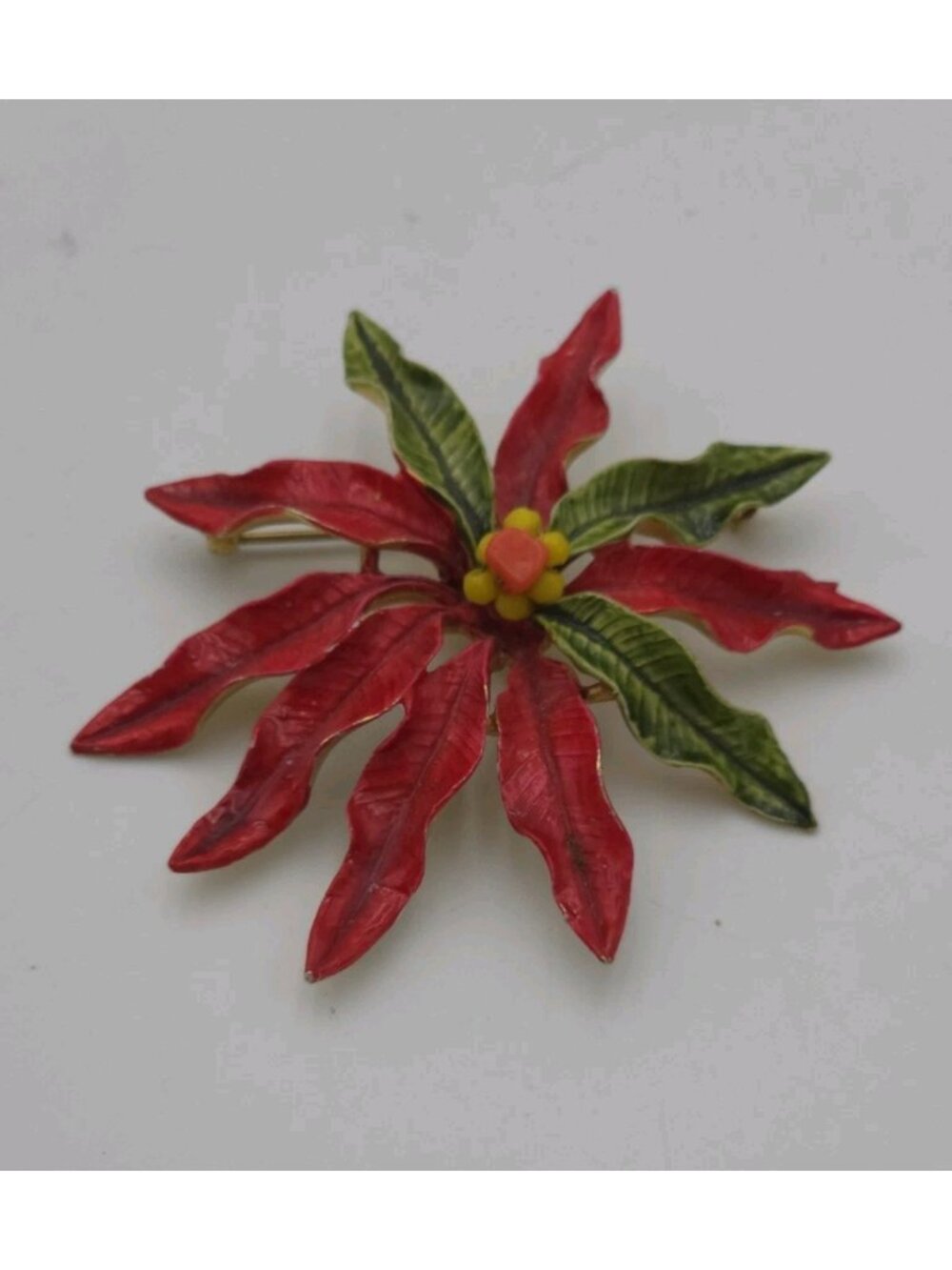 Original by Robert Enamel Poinsettia Christmas Brooch Pin Red Green Gold Tone
